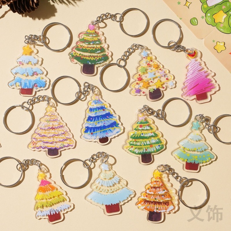 卡通高颜值油画圣诞树钥匙扣圣诞节装饰挂件学生节日书包礼物朋友