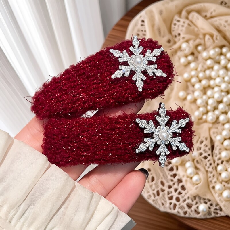 新年红闪耀千金红色毛绒雪花发夹氛围感边夹前额碎发夹女刘海发饰