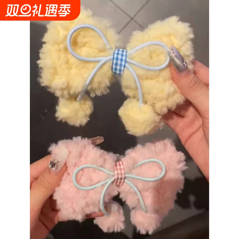 可爱奶油色柔软羊羔毛蝴蝶结球球发夹少女毛绒绒鸭嘴夹甜美发卡子