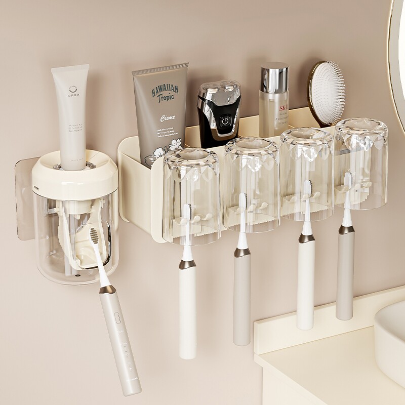 卫生间壁式牙刷置物架免打孔刷牙杯吸套装壁挂漱口牙具洗漱牙膏架