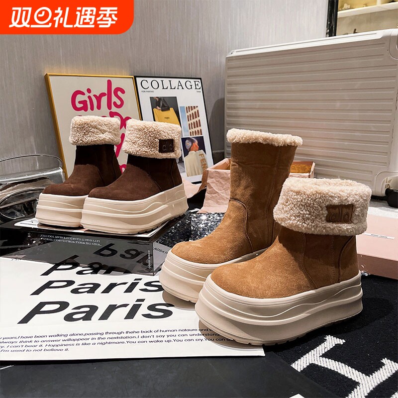 欧货毛毛鞋翻边厚底松糕雪地靴女2025新款加绒保暖棉鞋面包鞋防水