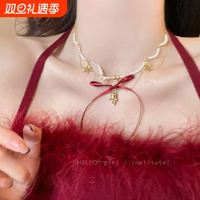 圣诞秋冬氛围感丝带蝴蝶结铃铛项链小众配饰品女choker颈链锁骨