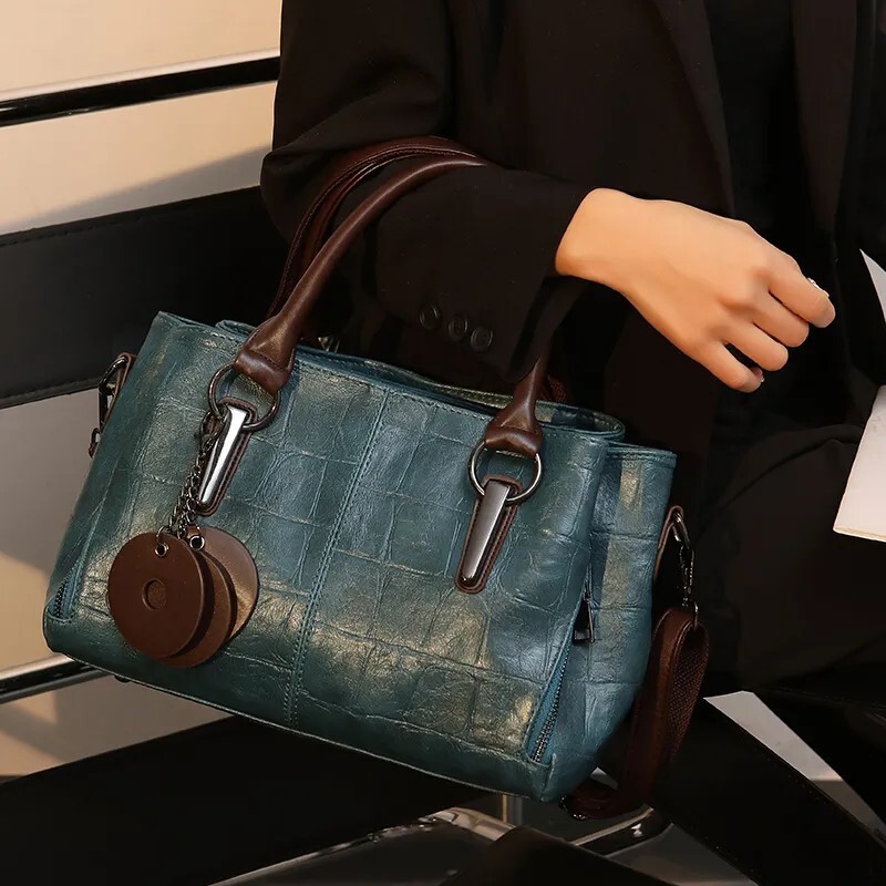 真皮手提包2026新款复古女士三层波士顿牛皮大容量单肩斜挎女包包