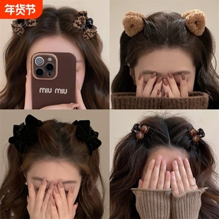 豹纹侧边刘海小抓夹蝴蝶结发夹女2025新款高级感秋冬公主头头顶夹