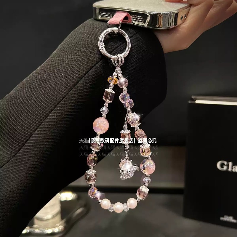 满钻狐狸吊坠手机链招桃花粉水晶精致手链新款手腕挂链闺蜜礼物挂饰防摔腕带钥匙扣挂件手工串珠链条绳夹片壳