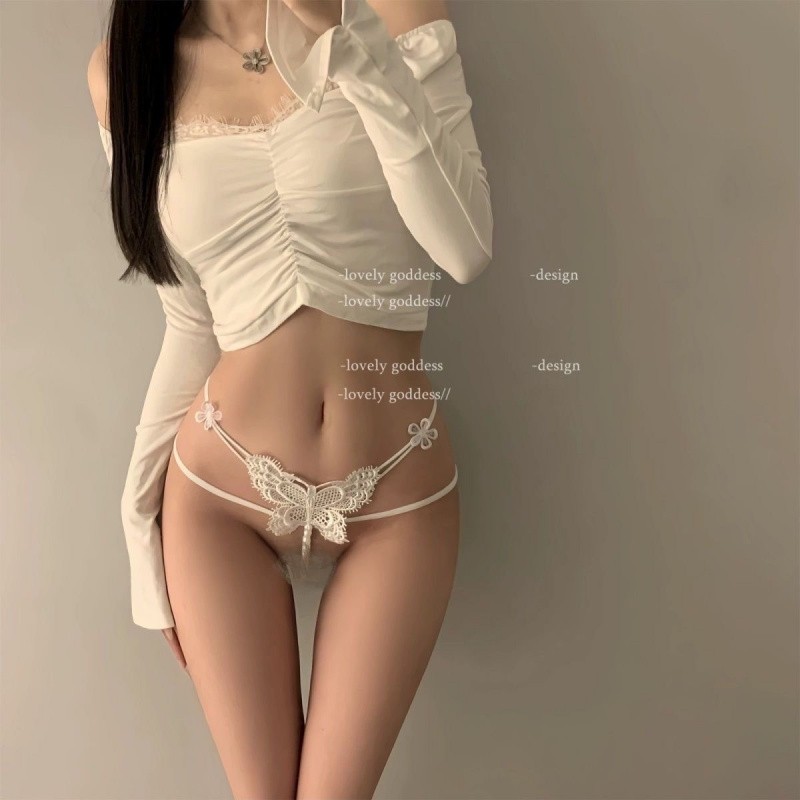 「」奶欲小香*原创纯欲性感女内裤蕾丝高腰蝴蝶珍珠丁字裤低腰