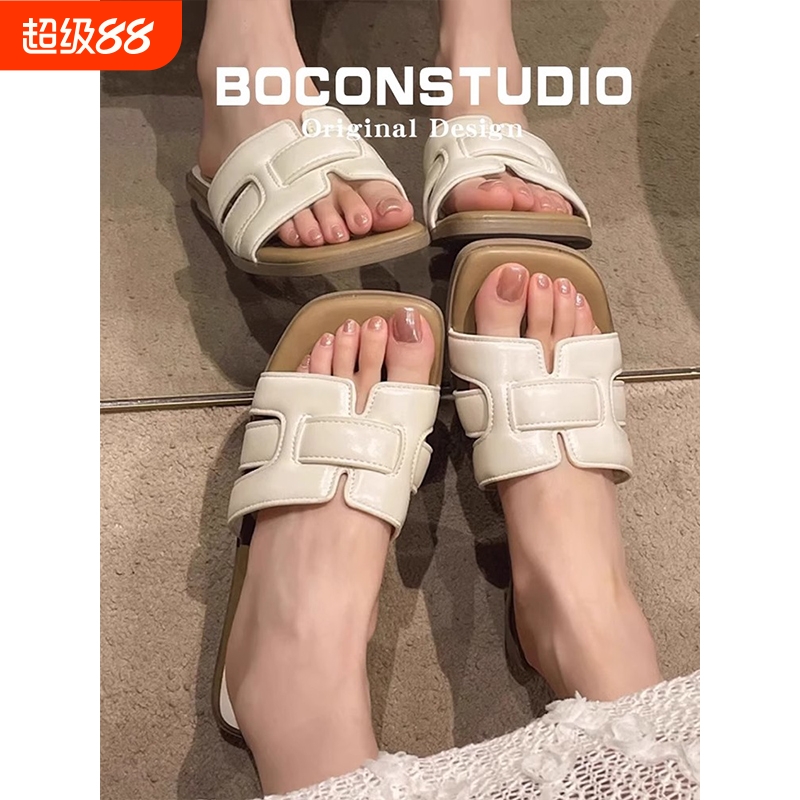羊皮~平底H拖鞋女夏季外穿2025新款沙滩鞋女士低跟凉拖鞋黑色白色