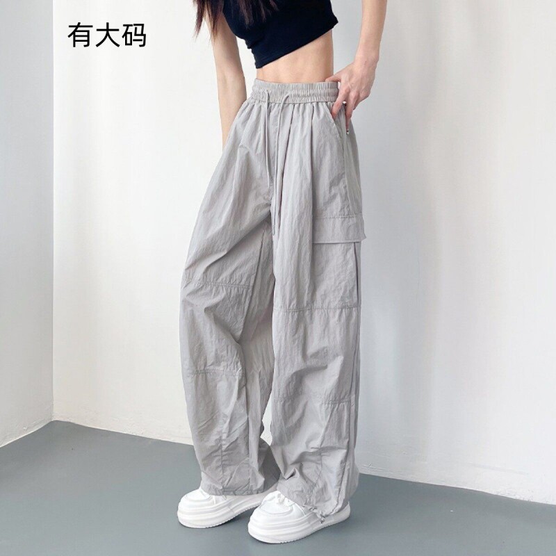 灰色工装阔腿裤女夏季胖mm冰丝速干休闲裤大码宽松显瘦运动直筒裤