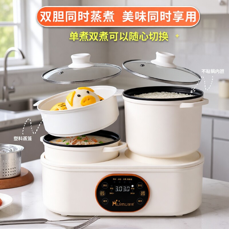 荟牧双胆电饭煲家用2-4L多功能蒸煮煎汤低糖煮饭锅大容量不粘锅