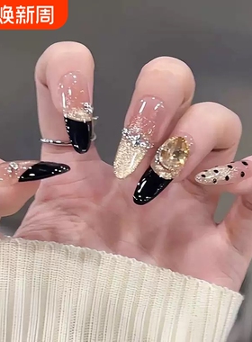 黑色法式猫眼穿戴甲片长款杏仁手工贴钻穿戴甲高级感黑皮正常赫本