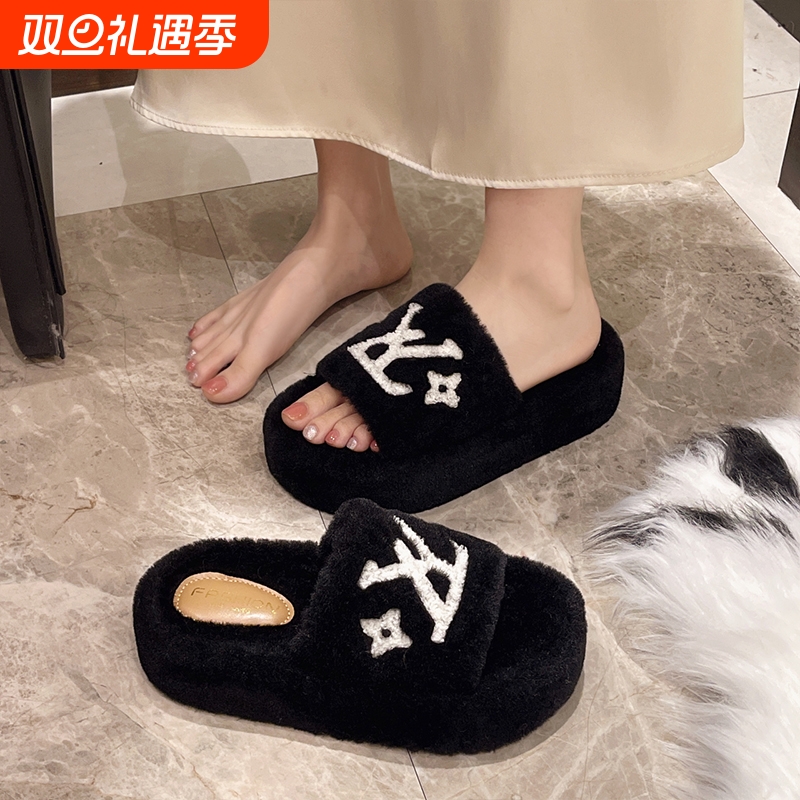 小香风毛毛拖鞋女秋冬外穿加绒厚底2025新款高级感棉拖鞋毛绒黑色