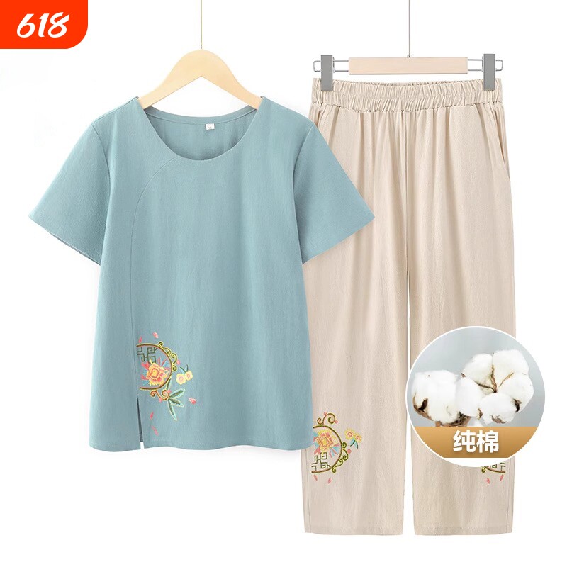 妈妈装夏套装中老年人纯棉短袖T恤女50岁舒适宽松上衣奶奶衣服60