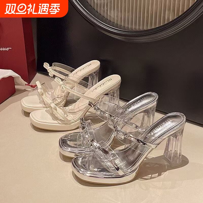 2025爆款仙女风水晶粗跟凉拖鞋女