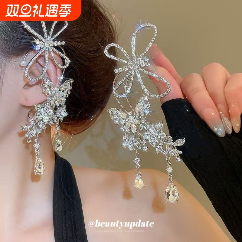 超闪镶钻蝴蝶花朵精灵耳挂时尚高级感显瘦新娘耳饰婚纱礼服裙配饰