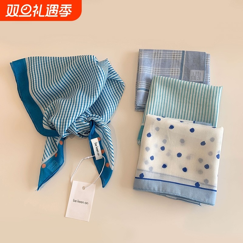 蓝色包头巾女春夏新款高级感发带透气小方巾头巾三角巾潮波点格子