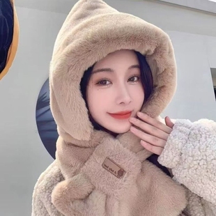 帽子围巾一体帽子女款2025新款冬保暖毛绒连帽围脖骑电动车防风帽