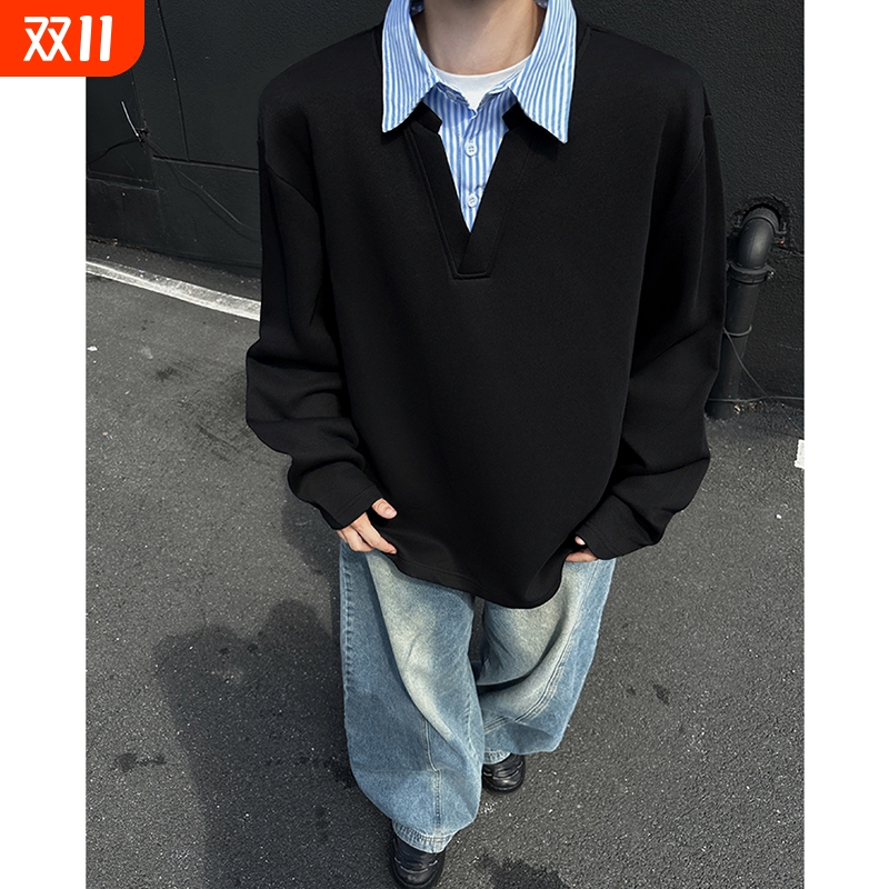 美式假两件T恤男款秋季学院风翻领卫衣高街复古内搭长袖休闲上衣