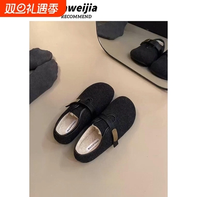 加绒保暖单鞋女2025冬季新款复古呢子内增高毛毛棉鞋冬天通勤女鞋