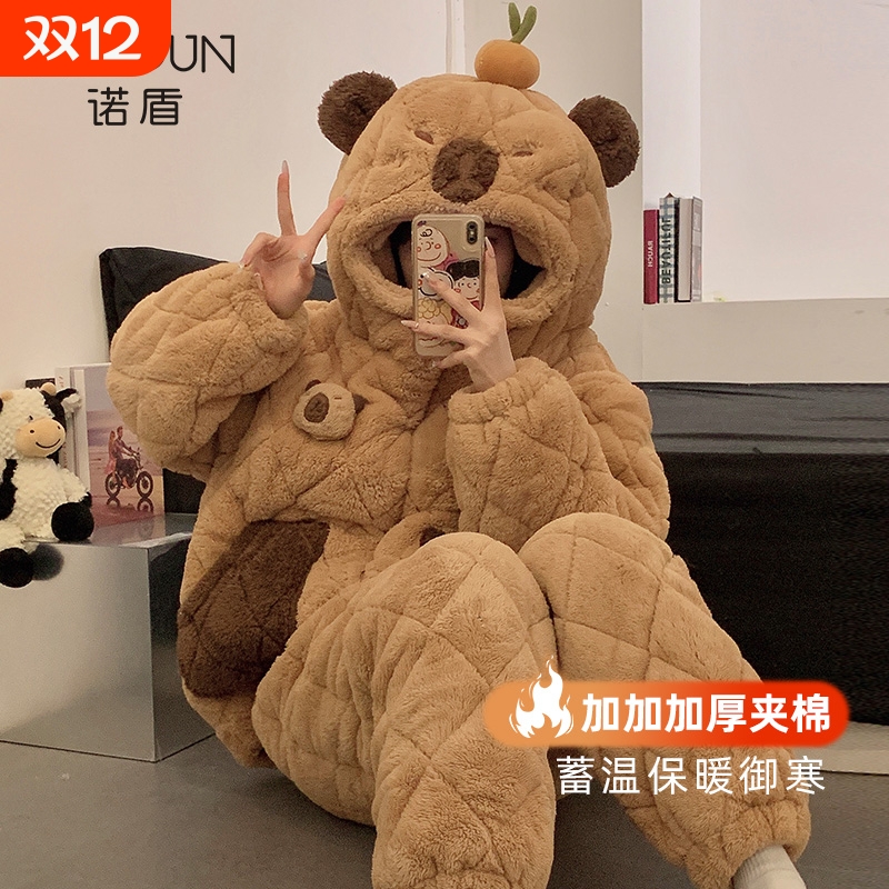 三层夹棉睡衣女款秋冬季珊瑚绒