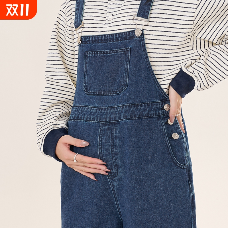 孕妇裤2025秋季2025新款新疆棉复古休闲阔腿减龄翻边牛仔背带裤秋