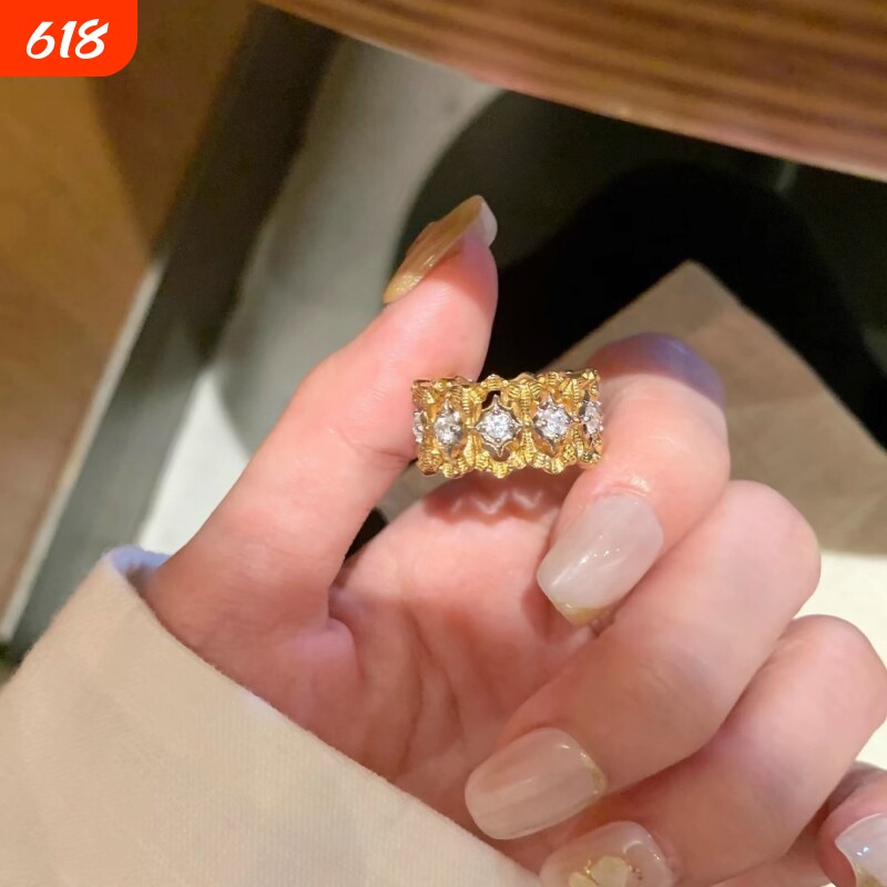 法式蕾丝镂空花边排钻戒指宫廷风气质精美轻奢时尚指环开口可调节