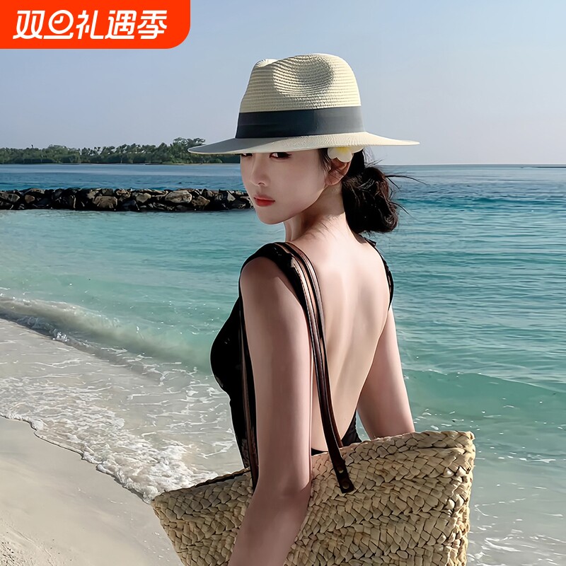 法式复古草编巴拿马草帽女夏季度假老钱风大帽檐防晒遮阳爵士礼帽