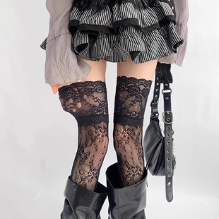 长筒袜花卉渔网袜配靴子白色黑色过膝袜女性感蕾丝花边 高筒薄款