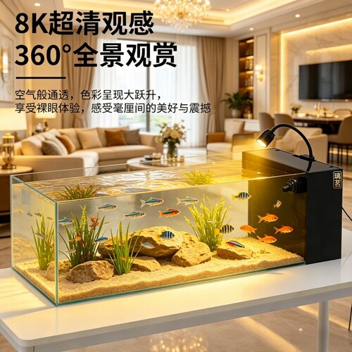 新款超白侧滤南美造景过滤制氧溪流缸金鱼缸全套桌面生态缸客厅