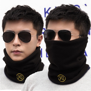 围脖男款冬季加绒面罩保暖帽子脖套女款围巾黑色护脸黑色双面抓绒
