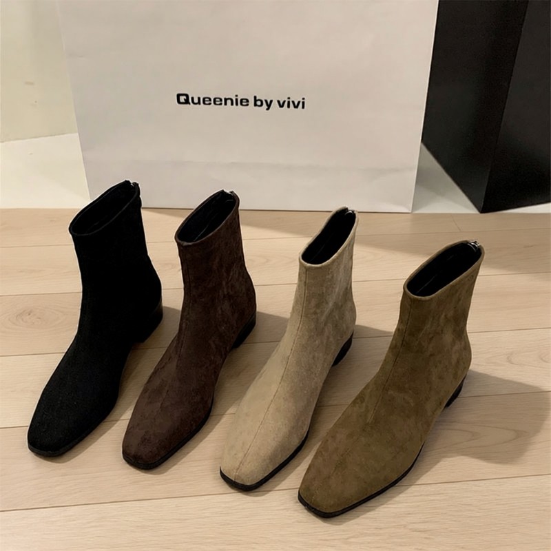 粗跟绒面时装靴女秋冬踝靴瘦瘦靴子女短靴女杏色卡其色黑色圆头