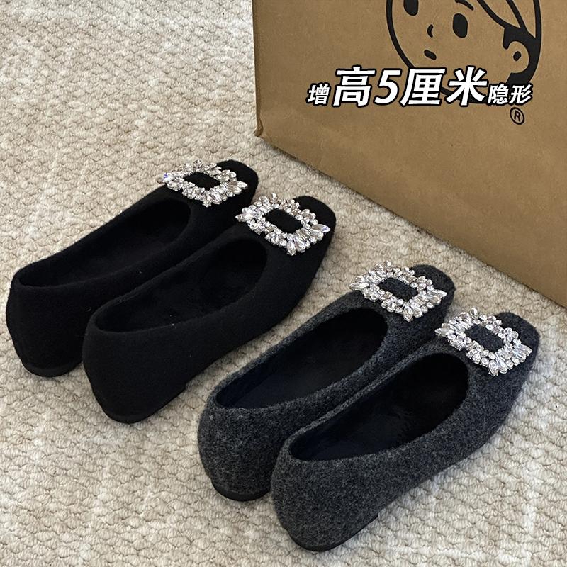 小个子内增高黑色加绒玛丽珍毛毛单鞋女秋冬毛毛鞋女冬外穿配裙子