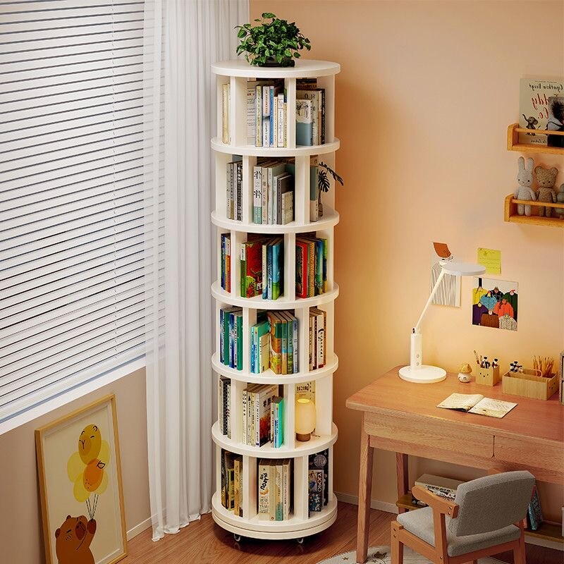 实木旋转书架置物架落地一体靠墙360度书柜可移动转角儿童收纳