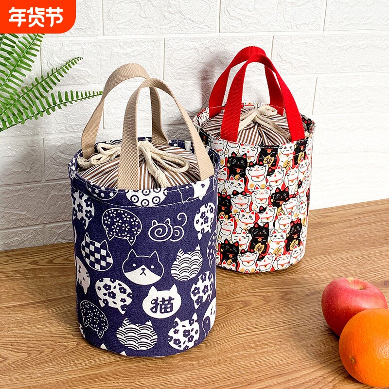 圆形饭盒袋上班族手提便当包保温学生铝箔加厚圆桶带饭袋子抽绳