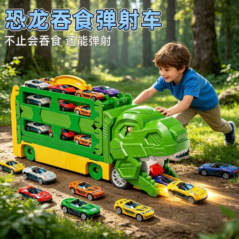儿童恐龙吞食轨道玩具车变形合金小汽车玩具男孩六一礼物早教室内