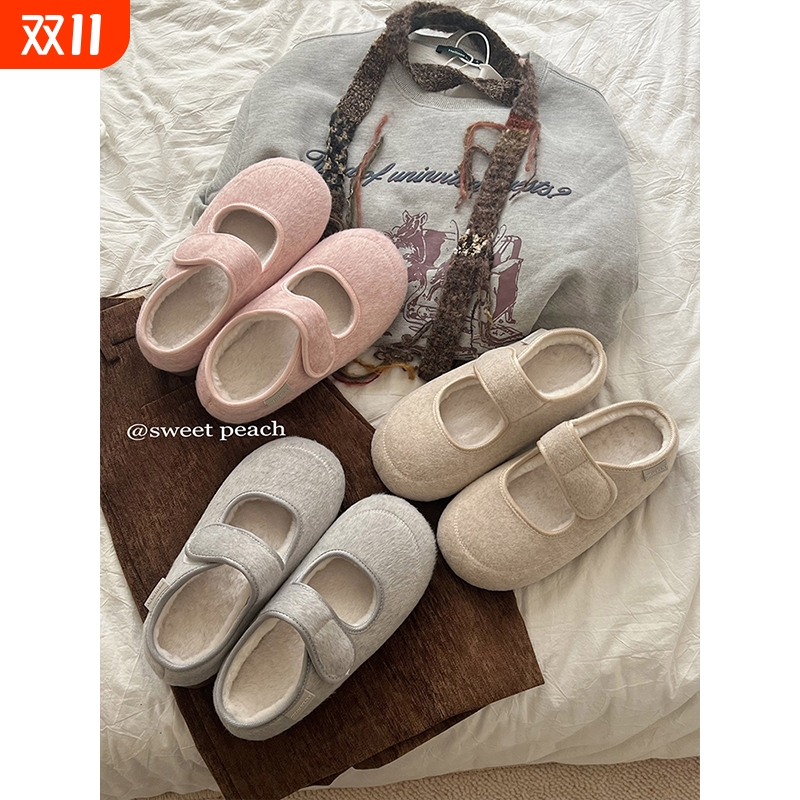 甜桃星球加绒玛丽珍半拖鞋女秋冬2025新款浅口毛毛单鞋厚底勃肯鞋