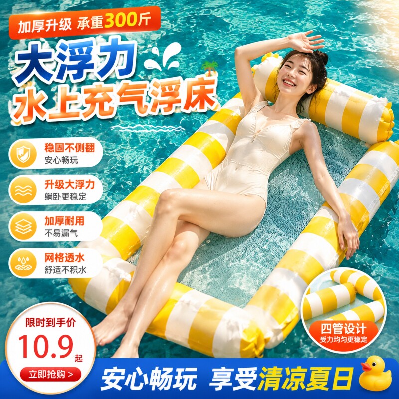 充气游泳圈加厚网布躺椅水上浮床浮排成人儿童漂浮大号海边泳池