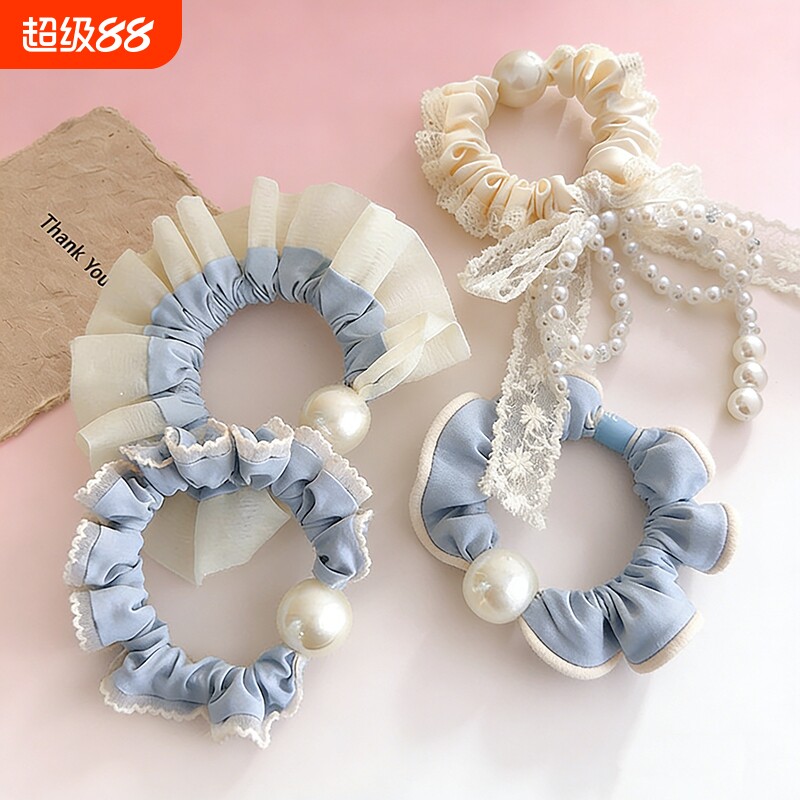 高级感荷叶边小肠发圈珍珠头绳新款扎马尾韩式发绳女高弹力扎头花