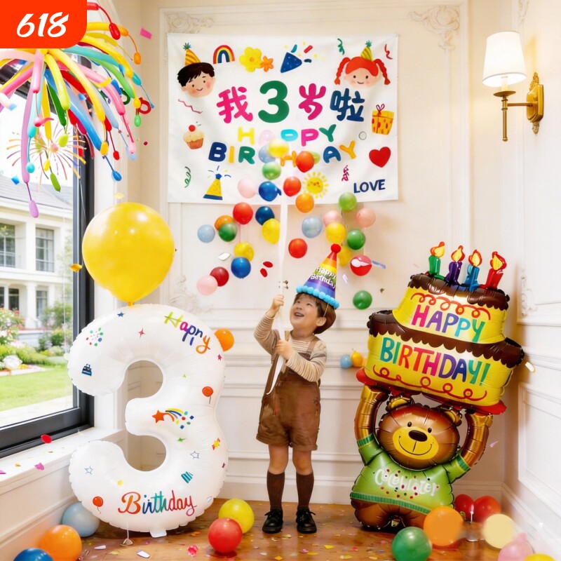男女孩3周岁宝宝儿童5生日快乐场景布置条幅2岁气球挂布装饰拍照