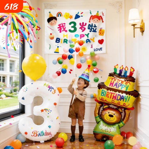 男女孩3周岁宝宝儿童5生日快乐场景布置条幅2岁气球挂布装饰拍照