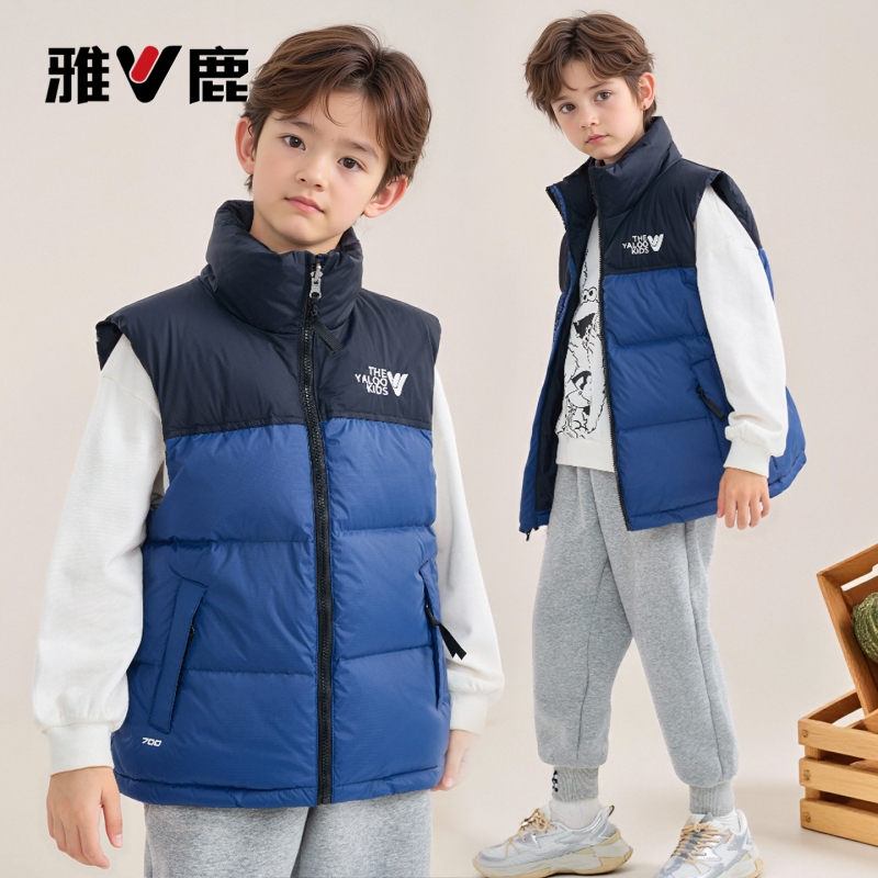雅鹿儿童羽绒背心男童立领拼色2025女韩版外穿马甲秋冬羽绒服蓝色