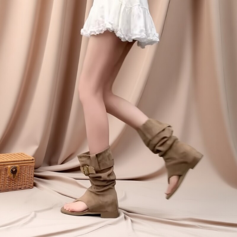 宋2026新款夏天靴子夹趾靴夹脚凉靴凉鞋平底内增高堆堆靴短靴黑色