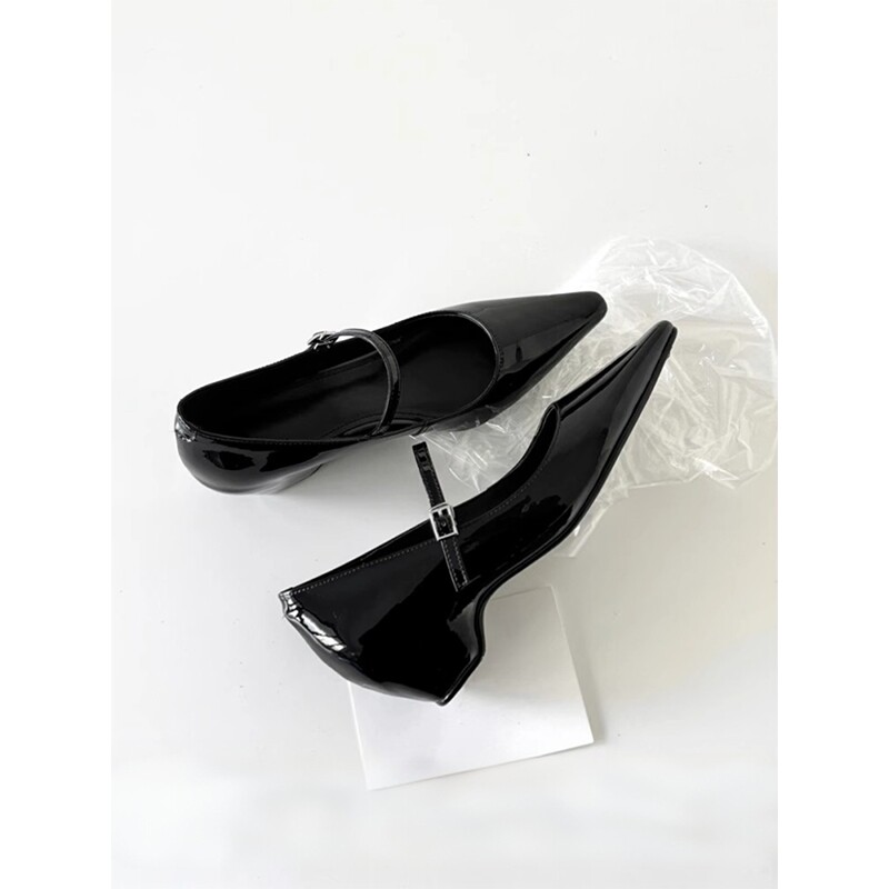 羊皮版~法式气质一字扣带粗跟玛丽珍女鞋尖头单鞋浅口通勤高跟鞋