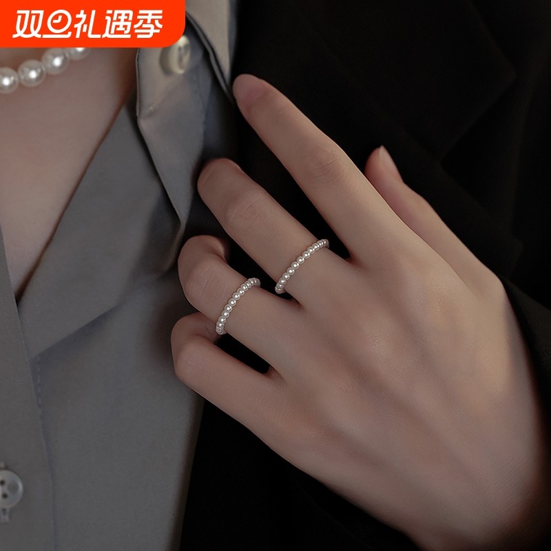 925纯银施家珍珠戒指叠戴素圈指环小众高级女轻奢串珠食指戒淡水