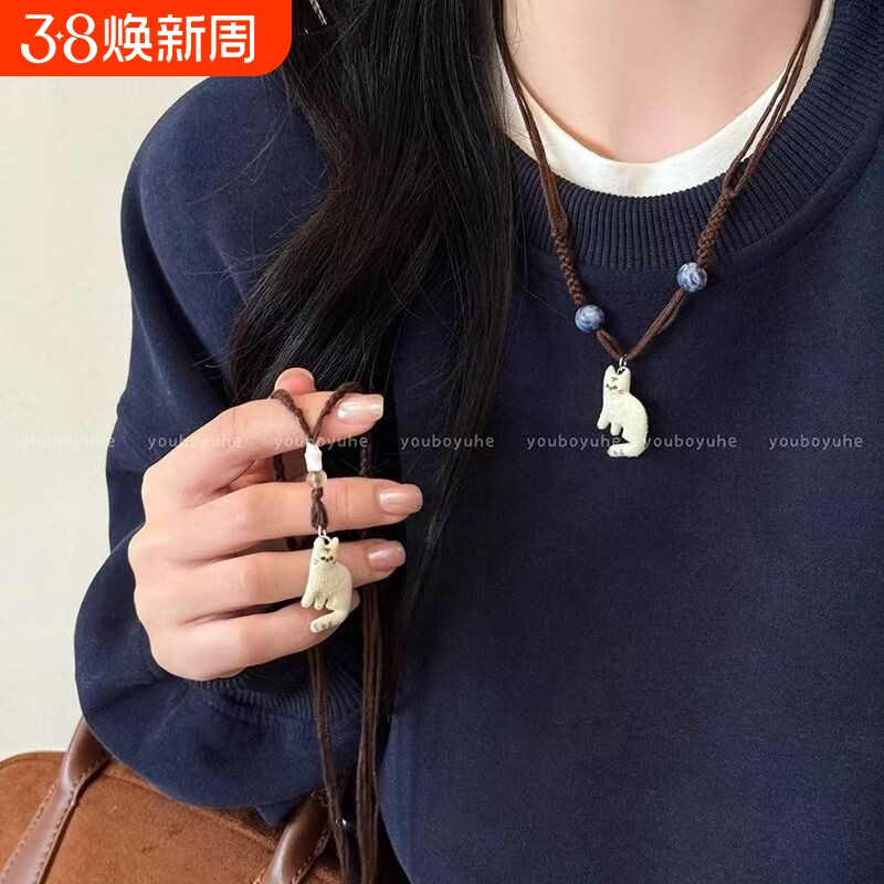 手作款~ 毛线编绳猫咪吊坠项链女秋冬可爱长款毛衣链童趣小众配饰