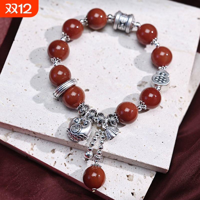 南红玛瑙手串女999足银纯银流苏福袋葫芦国风手链