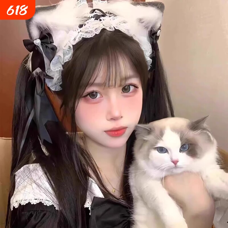 可爱猫耳朵头饰发箍女cos洛丽塔发夹蝴蝶结发带发饰蕾丝蓝色粉色