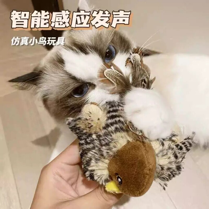 宠物玩具解闷发声小鸟老鼠自嗨仿真逗猫棒小麻雀消耗羽毛陪伴鸟叫