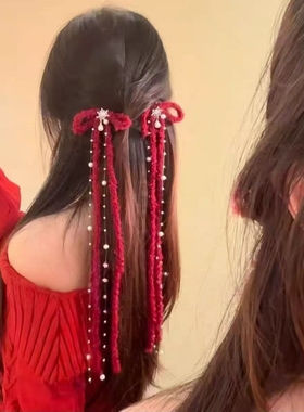 「冬雪恋歌」氛围感红色毛线蝴蝶结发夹圣诞新年雪花珍珠流苏发饰