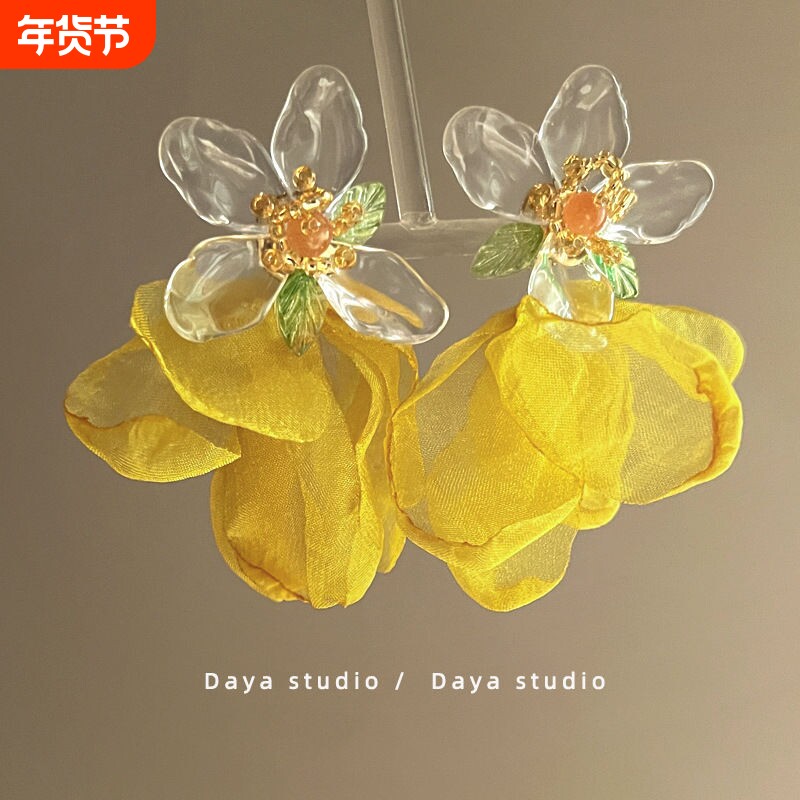 法式复古雪纺花朵流苏耳环高级感小众独特耳钉夸张气质度假风耳饰