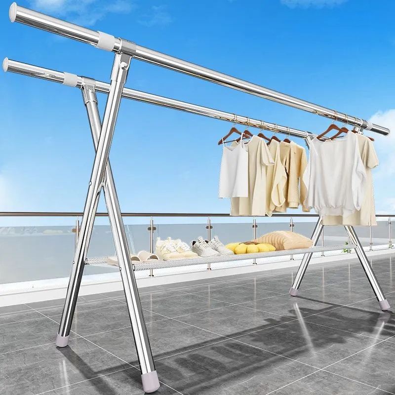 不锈钢晾衣架落地折叠室内外晒衣架双杆阳台挂衣架X型简易晾衣杆